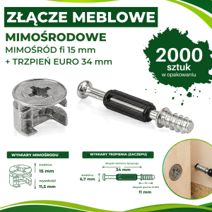 ZŁĄCZE MEBLOWE MIMOŚRODOWE - MIMOŚRÓD fi 15 mm + TRZPIEŃ  EURO 34 mm - komplet 2000 szt.