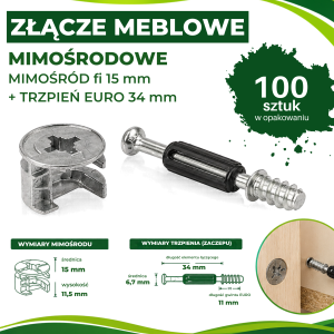ZŁĄCZE MEBLOWE MIMOŚRODOWE- MIMOŚRÓD fi 15 mm + TRZPIEŃ  EURO 34 mm - komplet 100 szt.